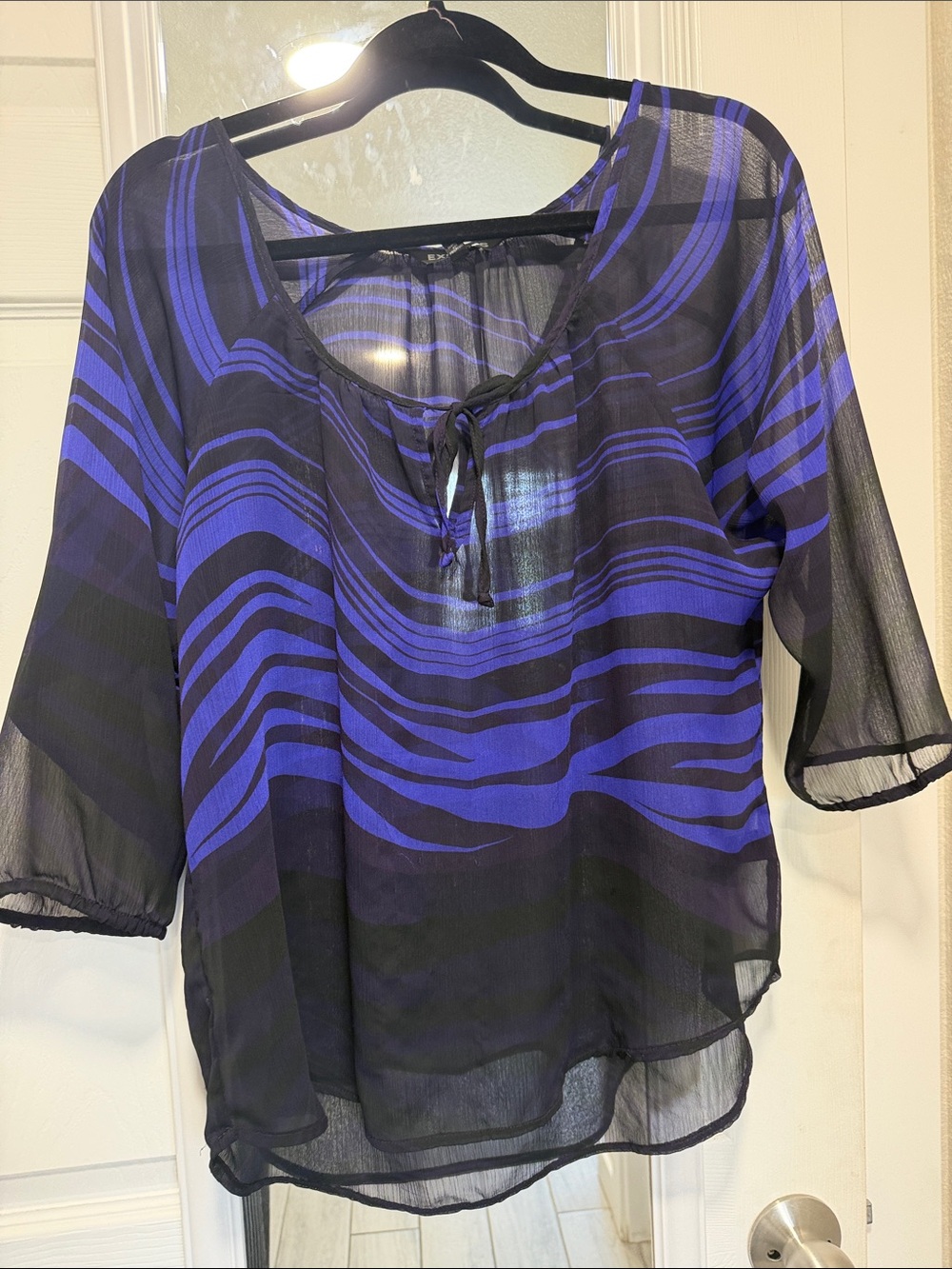 Express Black and Royal Blue Striped Tie-Neck Blouse